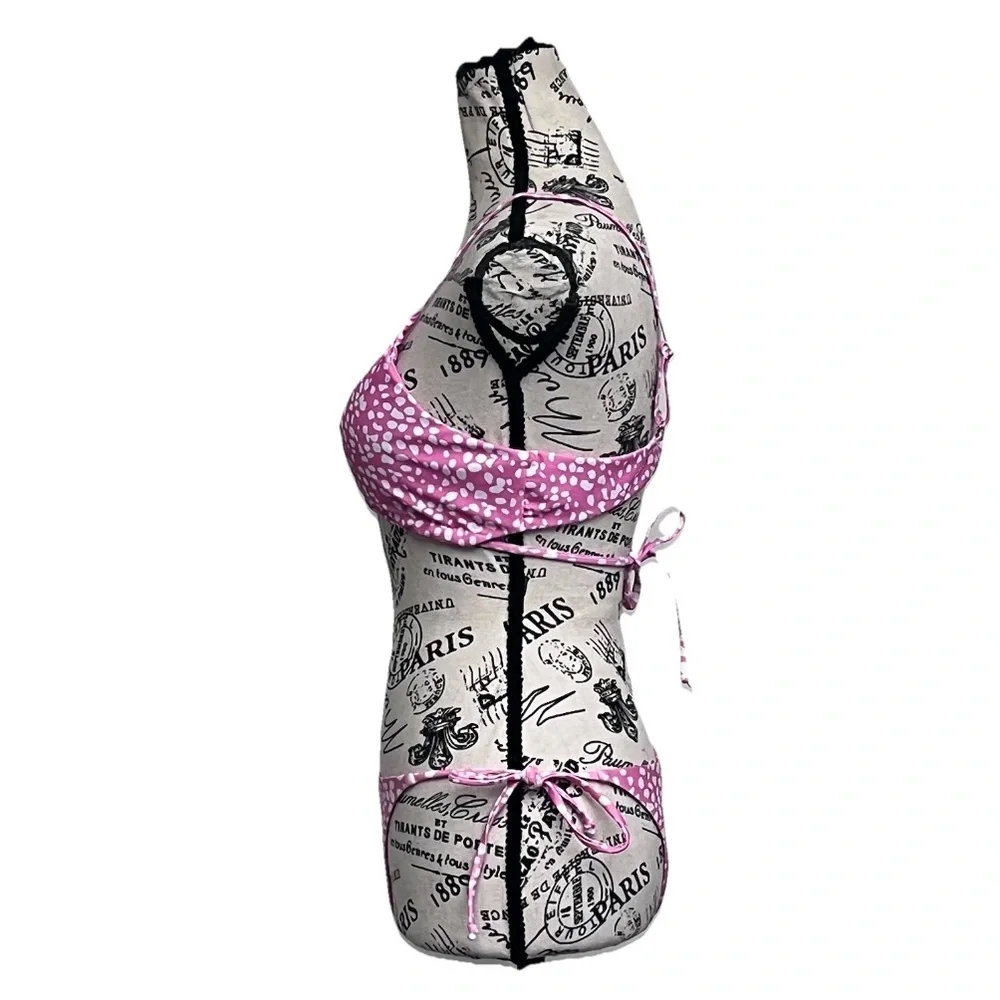 SHEIN Pink Polka Dot Bikini Set Cutout Top XL Tie Side Bottom S Y2K Coquette